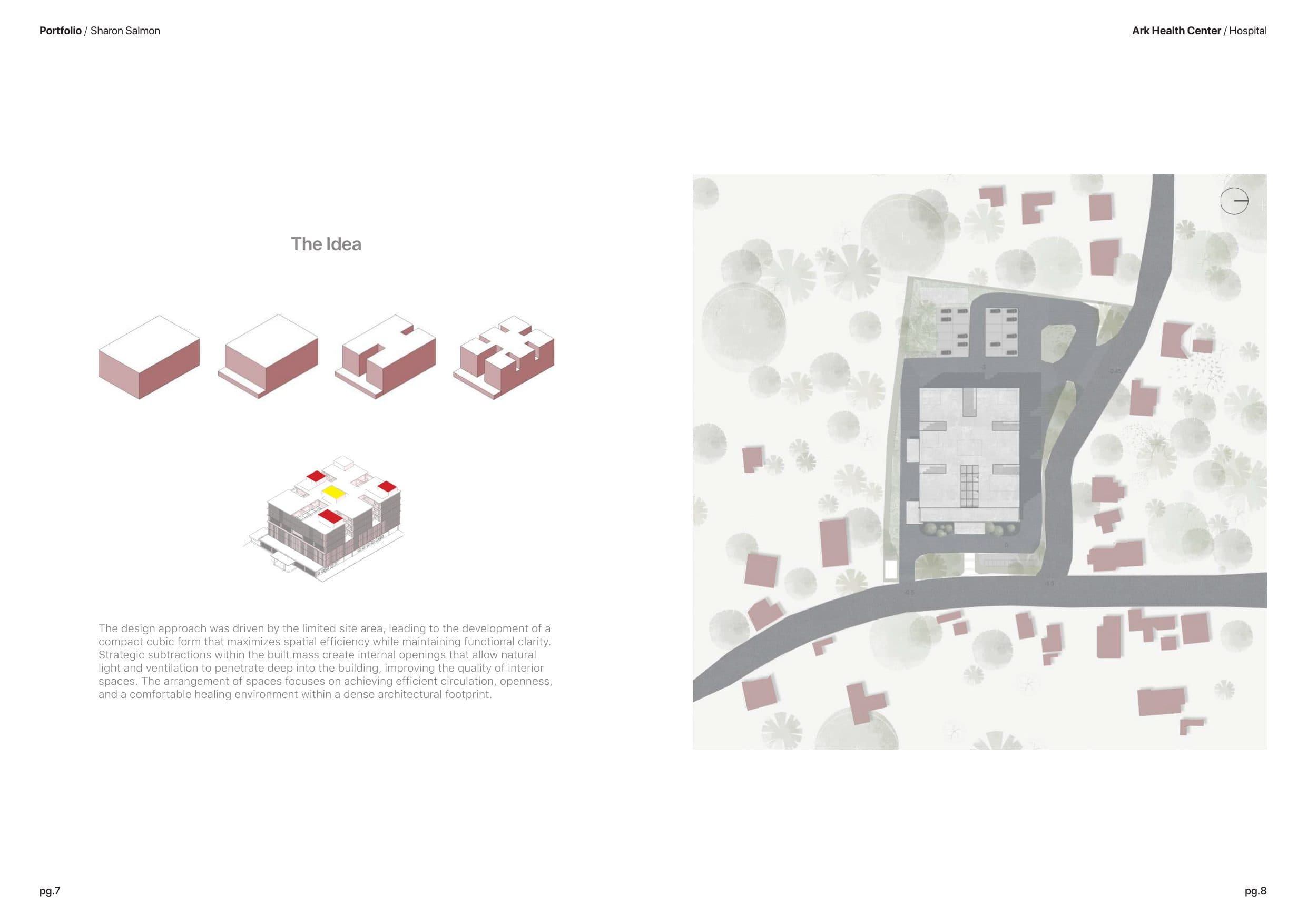 Hospital, concept massing diagrams and site plan