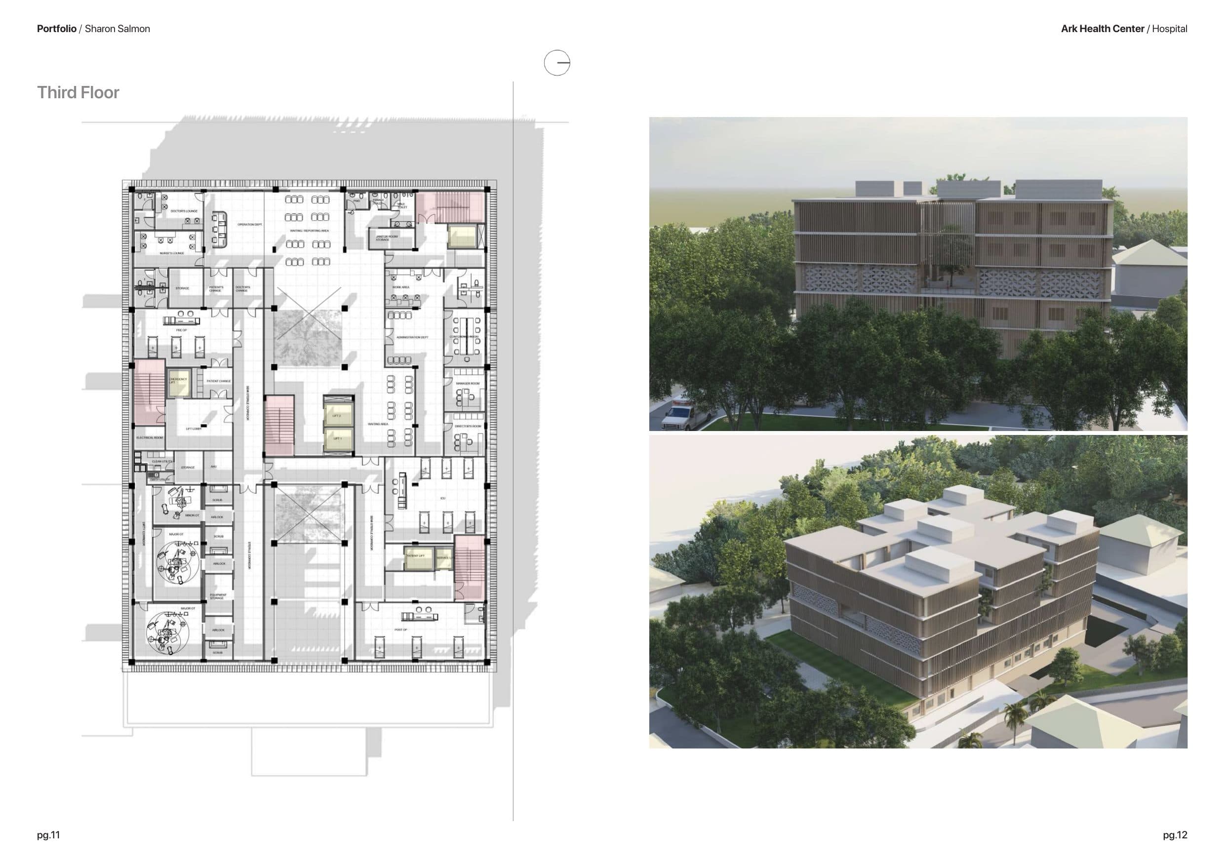 Hospital, third floor plan with two exterior renders