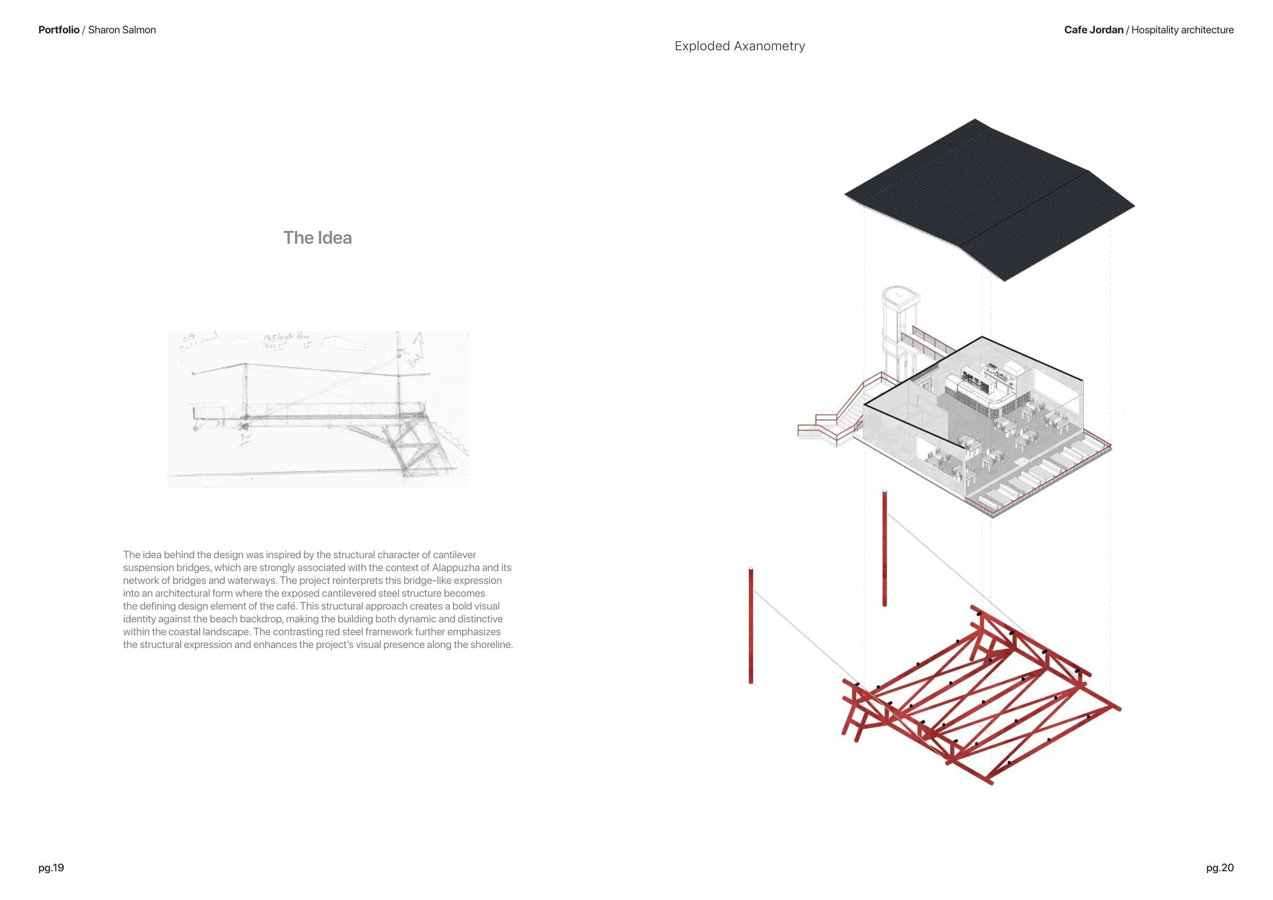 Café, concept sketch and exploded axonometric