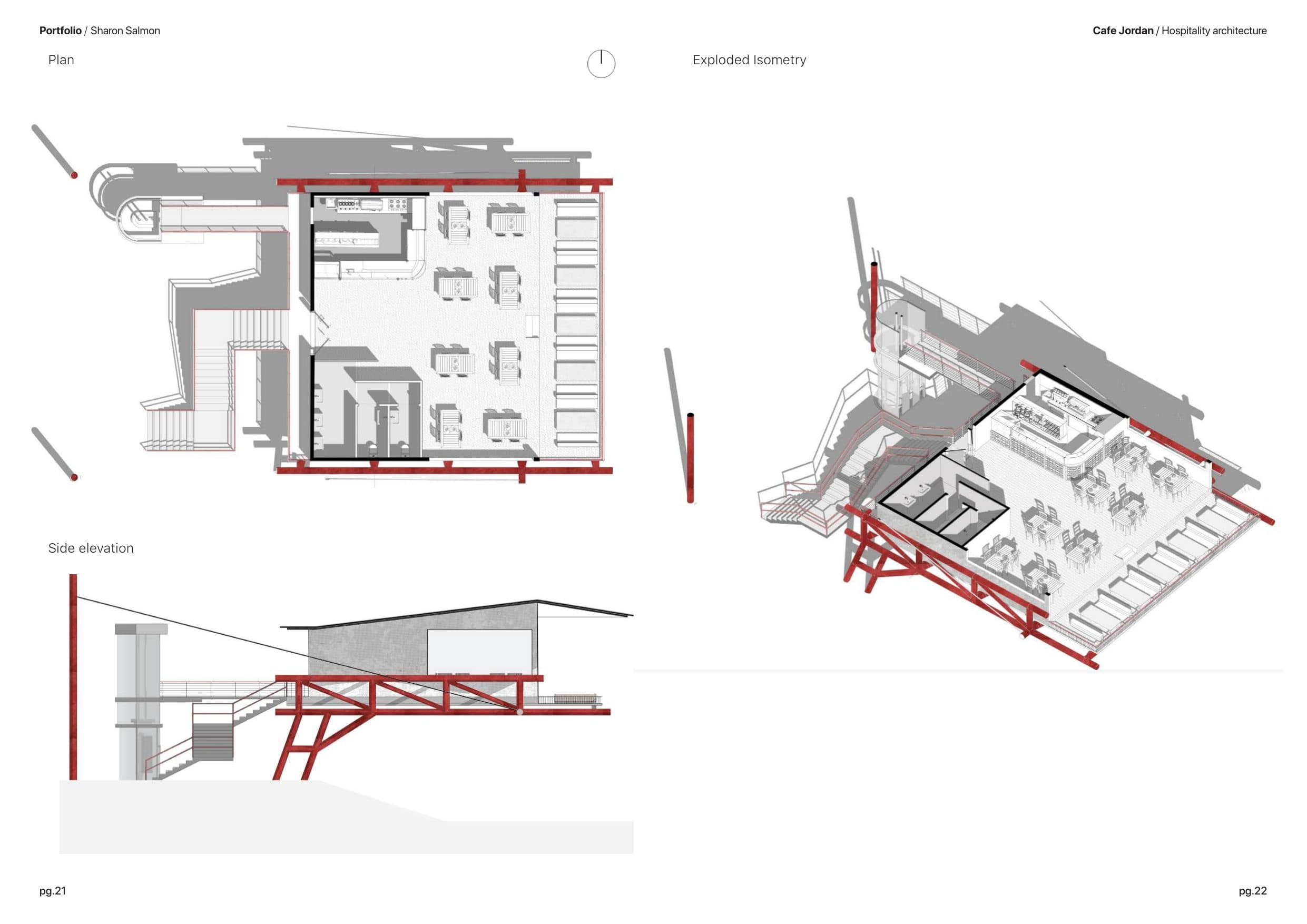 Café, plan, side elevation, exploded isometry