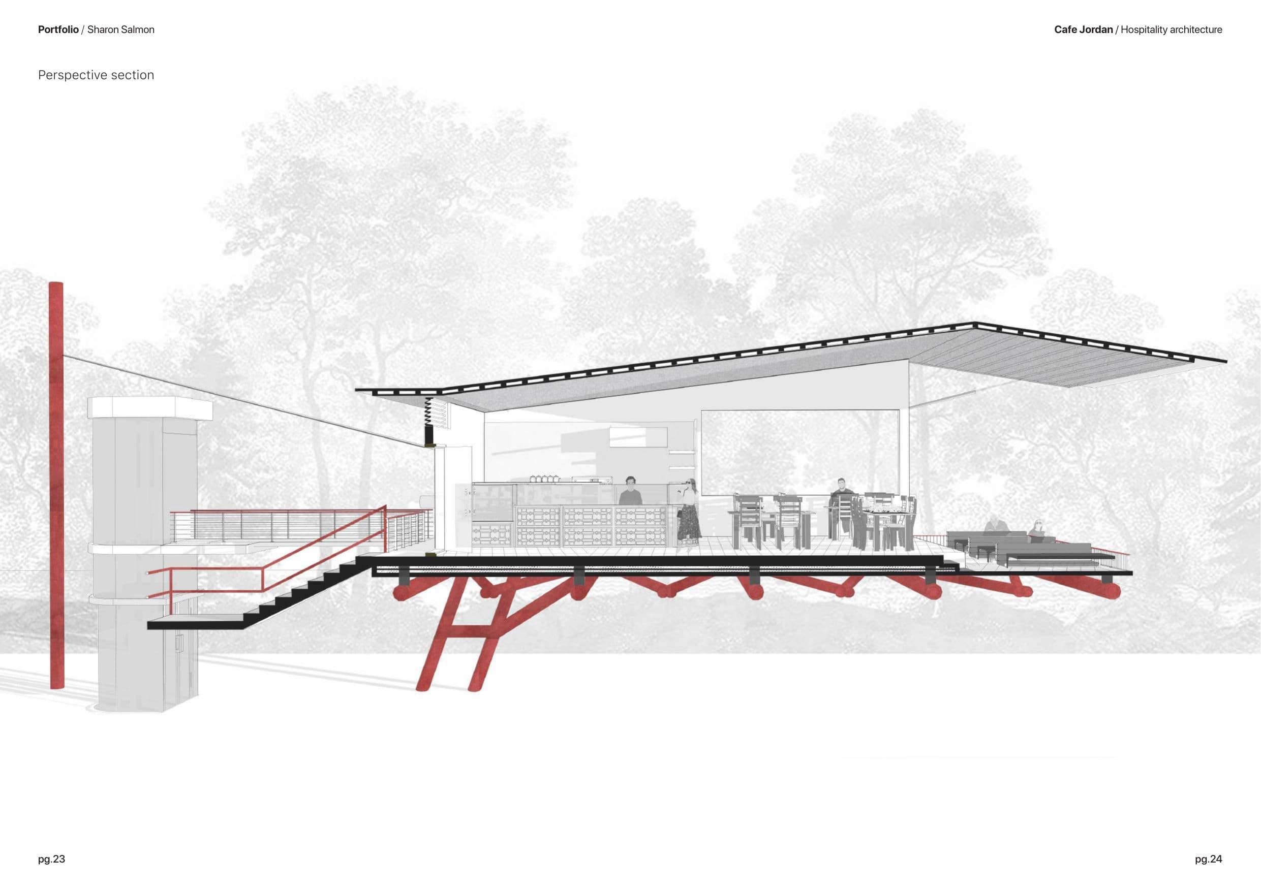 Café, perspective section through the deck