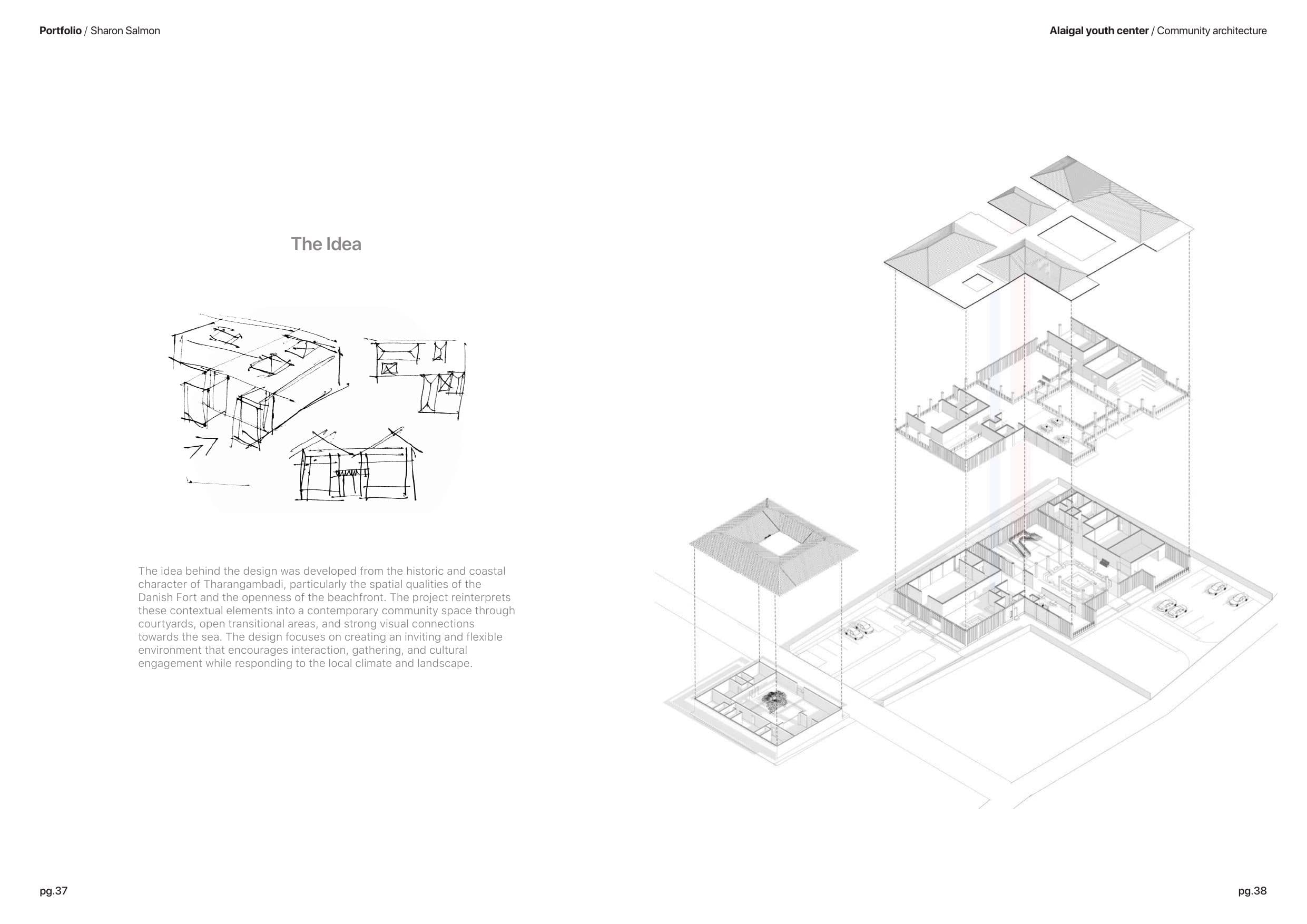 Community centre, concept sketches and exploded axonometric