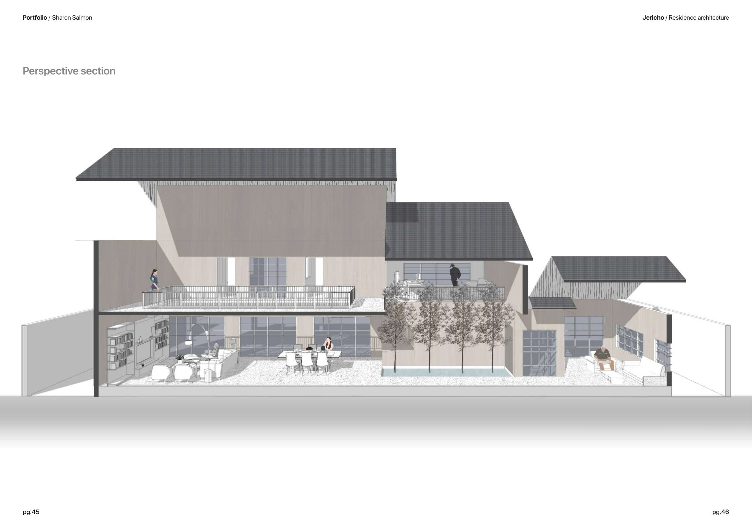 Residence, perspective section through living and dining
