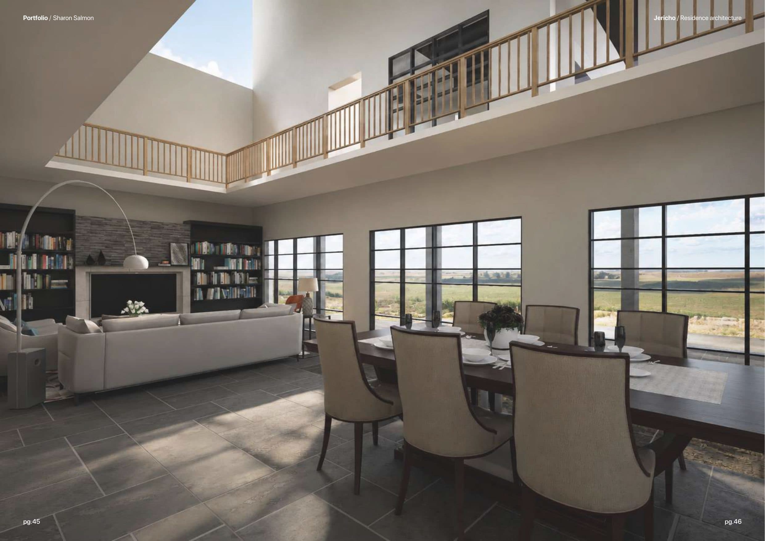 Residence, interior view of double-height living and dining toward the water